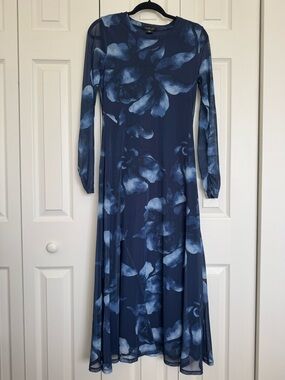 Rachel Zoe Navy Blue Floral Long Sleeve stretch Maxi Dress size m
